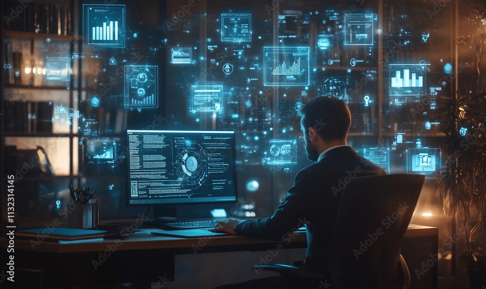 Poster a professional analyzing data with holographic displays in a modern office.