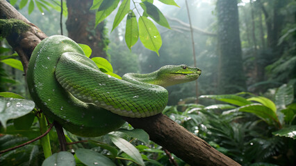 Green snake in the jungle on a branch
