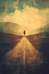 Fototapeta premium Solitary figure on a road, textured landscape.