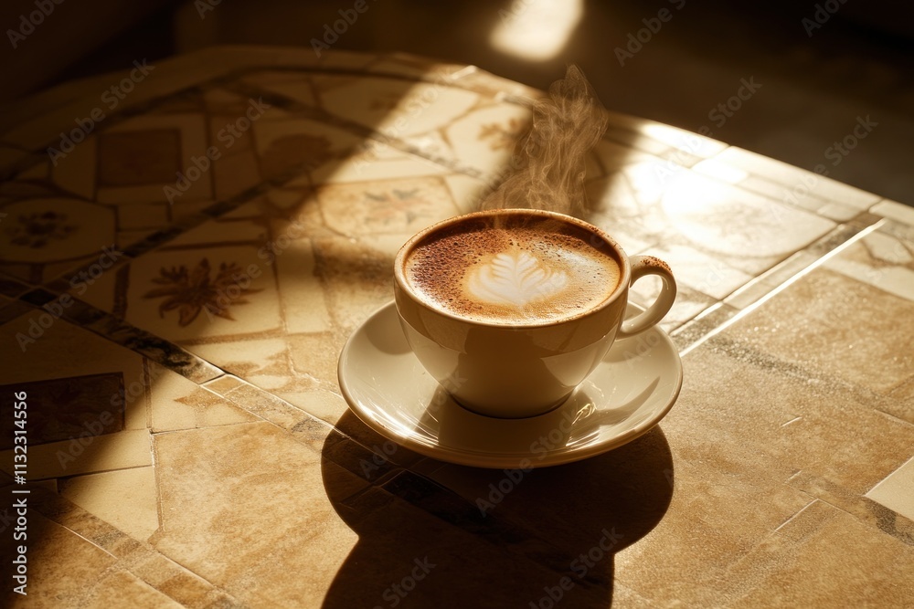 Poster steaming latte art in a white cup on a sunlit table.