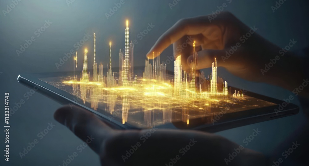 Poster hands interact with a glowing city model on a tablet.