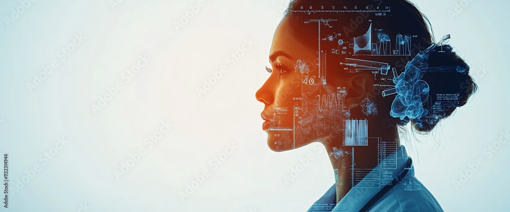 Aufkleber a silhouette of a woman with a digital overlay representing technology and science.