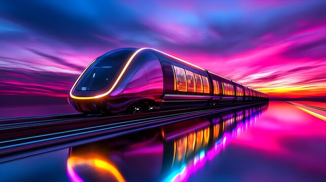 futuristic high-speed train at sunset - vibrant colors
