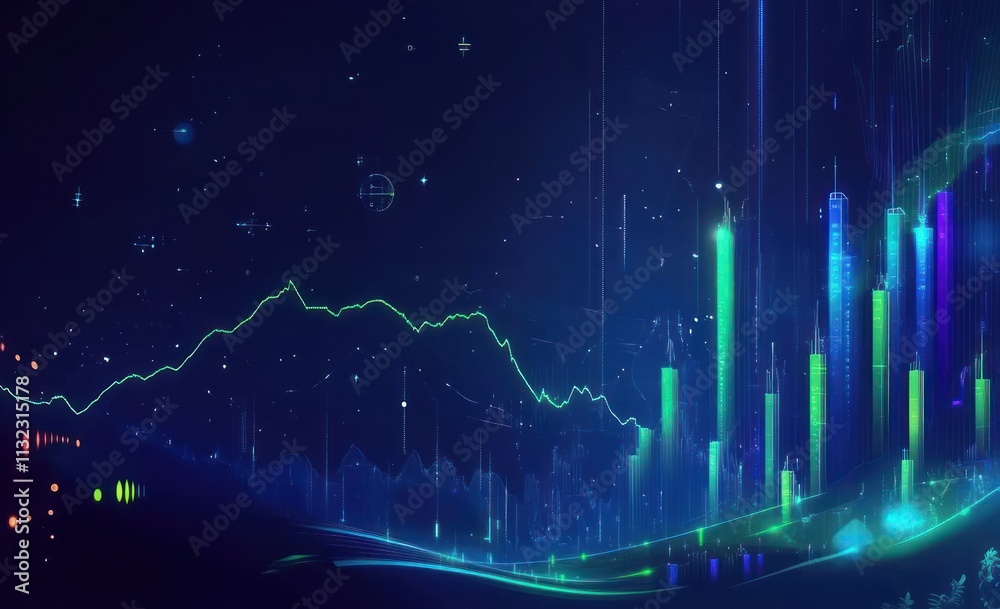 Aufkleber abstract futuristic cityscape with glowing lines and data graphs.