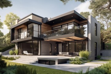 Modern Two Story House With Balcony And Landscaping