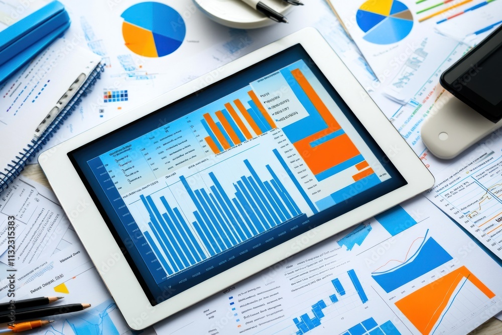 Poster Tablet displaying financial charts and graphs surrounded by paperwork.