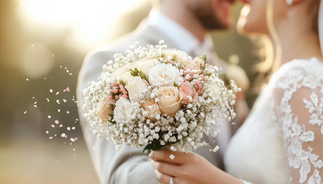 couple celebrating their marriage with beautiful bouquet of flowers
