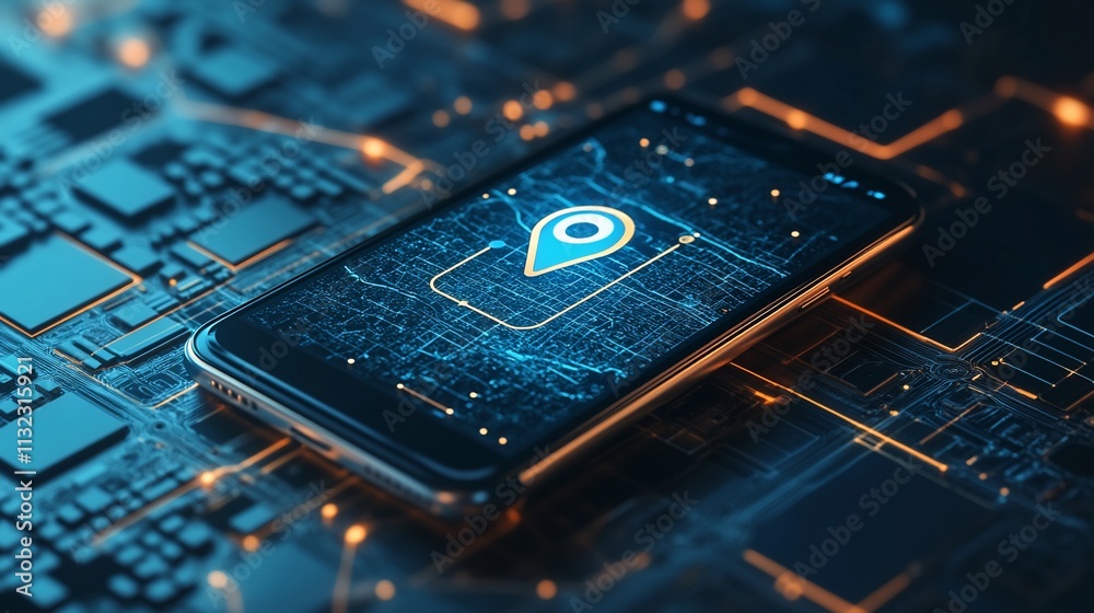 Aufkleber A smartphone displaying a location pin on a circuit board background.