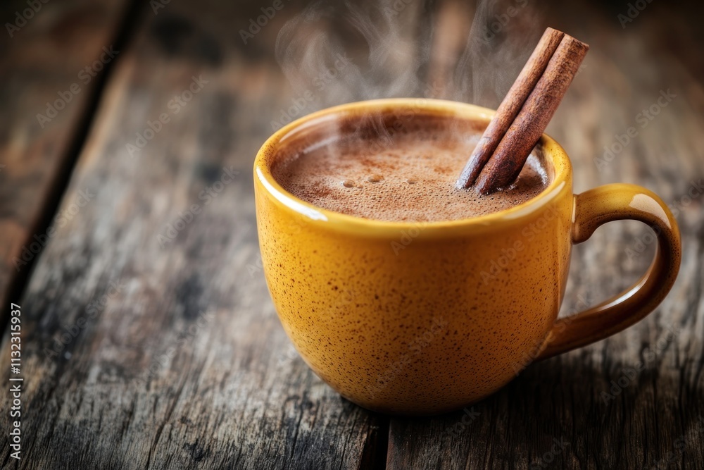 Poster steaming hot chocolate in a yellow mug with cinnamon stick on rustic wooden table.