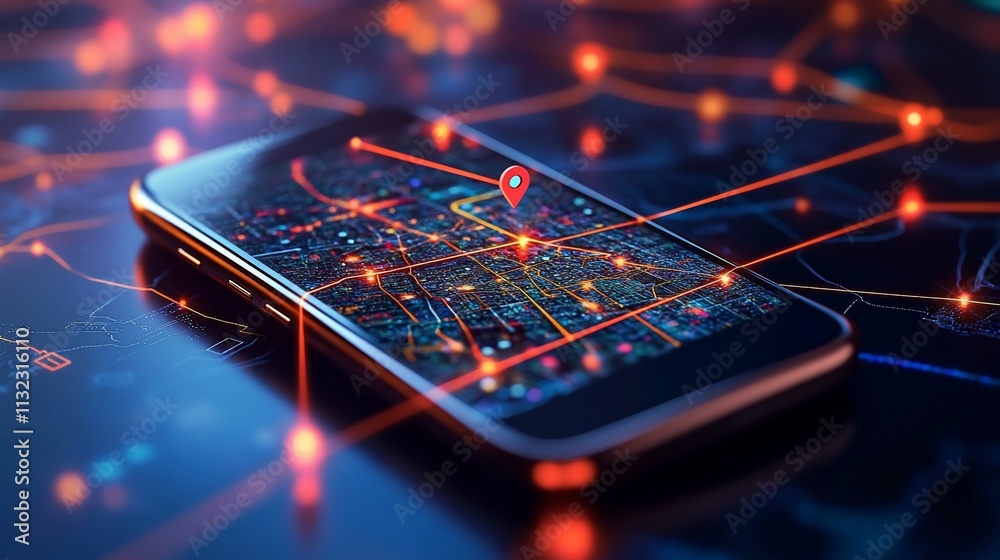 Poster A smartphone displaying a digital map with location markers and connections.