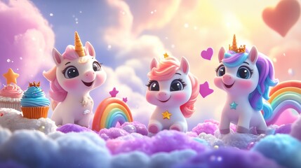 Fototapeta premium Pastel Pony Unicorn and funny Cat Unicorn with kawaii emoticons: cupcake, fulling star, rainbow, heart, happy crown icons set in soft colors for pajamas prints and greeting card, birthday party