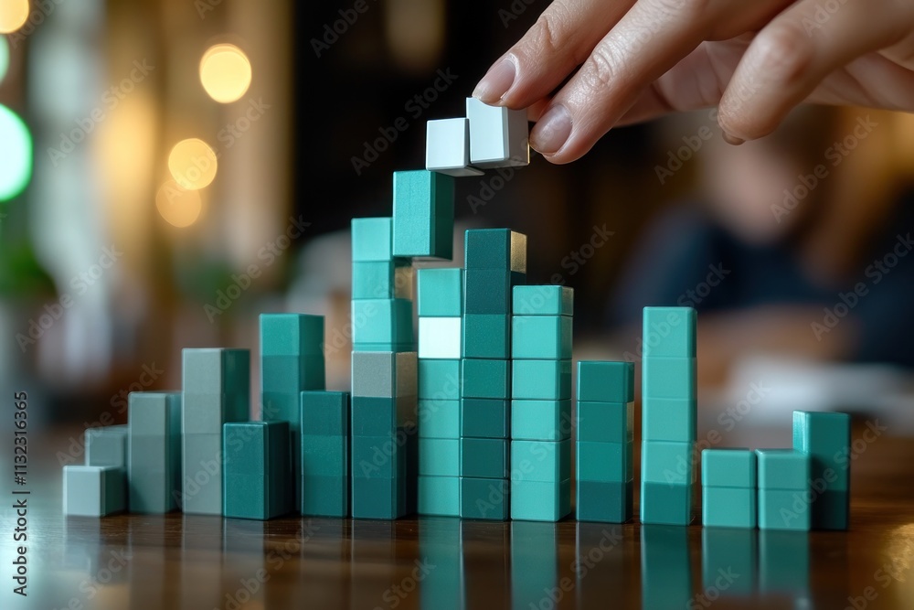 Aufkleber Hand arranging teal blocks forming a graph on a wooden table.