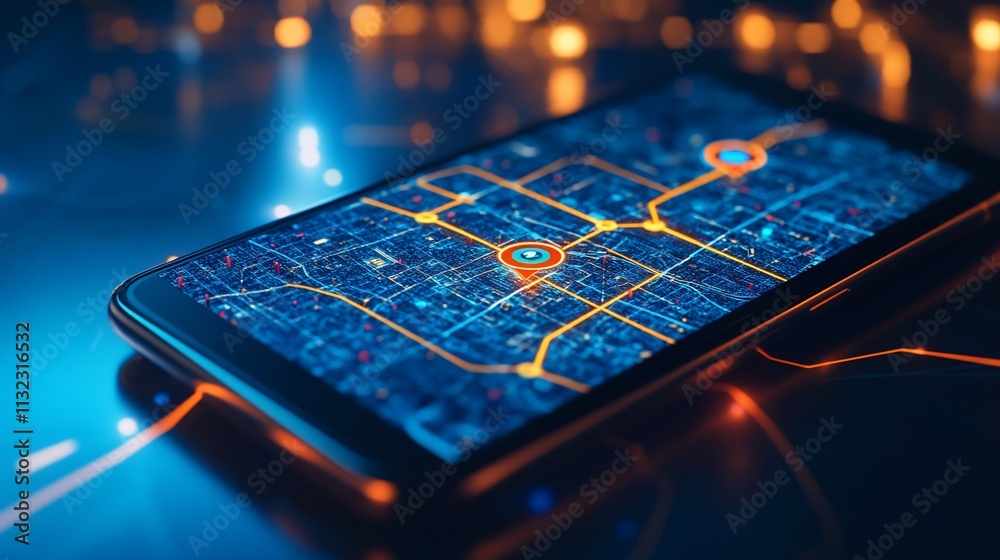 Poster A smartphone displaying a vibrant map with highlighted routes and locations.
