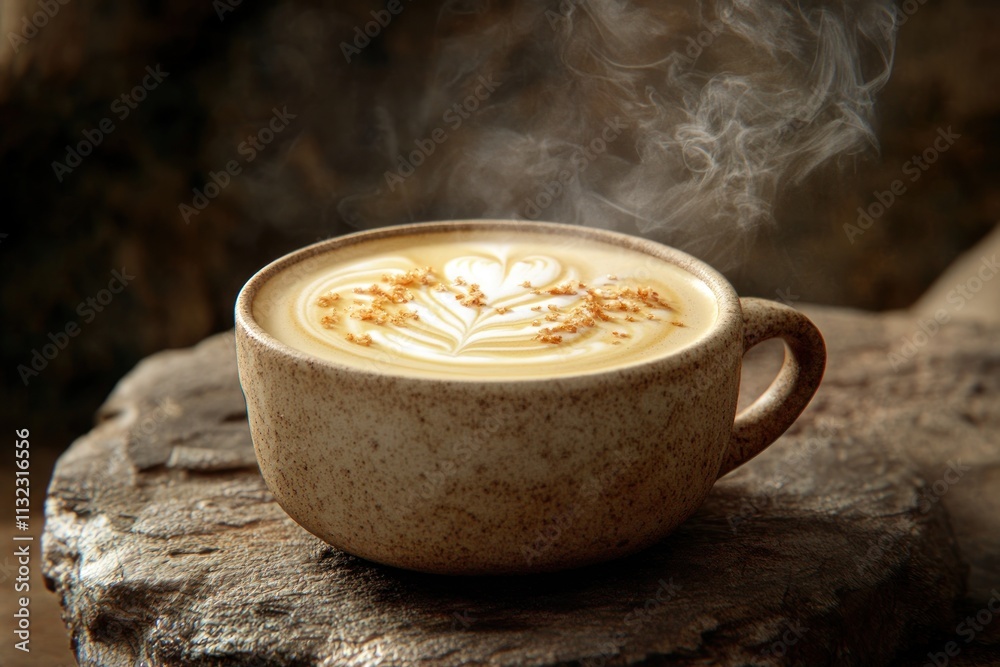 Poster Steaming latte art in a rustic cup on a stone.