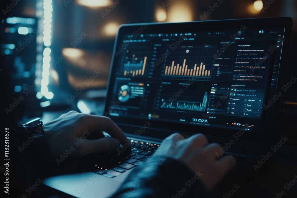 Poster Person working on laptop with data analytics dashboard at night.