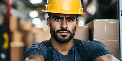 A man in a yellow hard hat poses in a warehouse, showcasing a serious expression amidst cardboard boxes. Concept Warehouse Safety, Industrial Portrait, Serious Expression, Hard Hat Significance