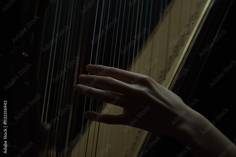Poster close-up of a hand playing a harp, strings and wood visible.