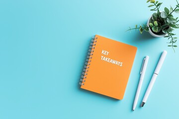An organized workspace featuring a vibrant orange notebook labeled 'Key Takeaways', a green plant, and a pen set on a bright blue background.