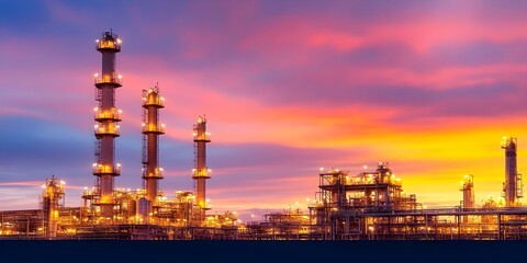 Obraz premium A chemical or oil refinery at sunset, featuring tall smokestacks and illuminated industrial structures against a colorful sky. Concept Sunset Refineries, Industrial Landscapes