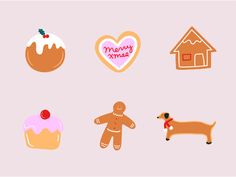 Set of Merry Christmas Baked Goods Vector illustrations. Cookies, Biscuits, Gingerbread man, Cupcake 