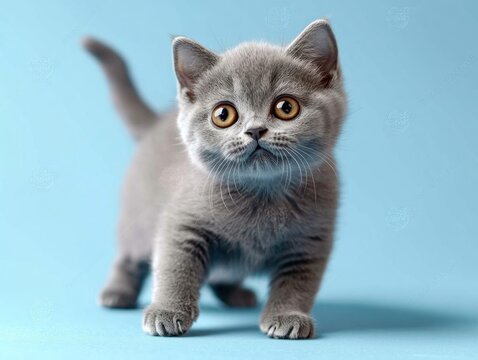 Playful British Shorthair Kitten on Blue Background