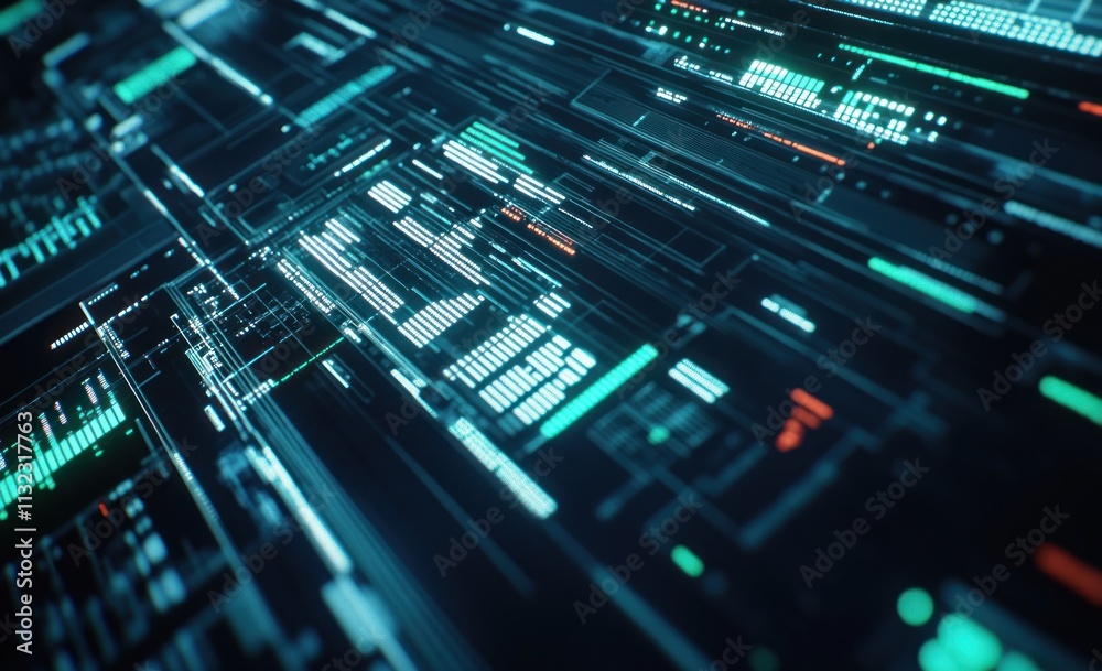 Poster abstract digital data flow, glowing lines and numbers.