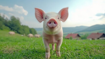 A cute piglet stands in a grassy field with a scenic backdrop of hills and houses.