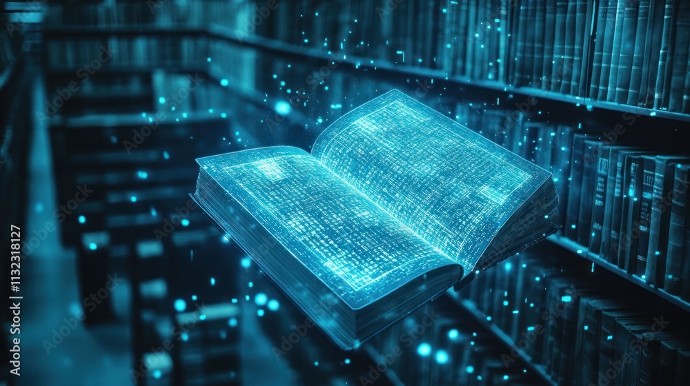 Poster Digital Book Glows In Library Setting Showing Modern Technology