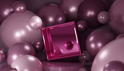 Ruby red Glass Box on a round podium surrounded by floating red balloons. Luxurious product presentation background template. Valentine's day, romance, love, cosmetics, perfume, scents, luxury mockup.