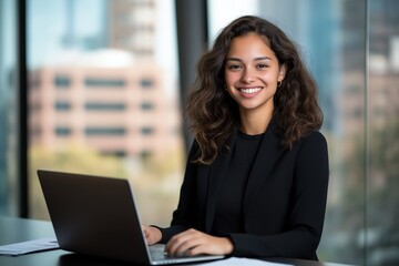 Fototapeta premium Professional woman smiling at her desk with a laptop, showcasing a positive work environment in a modern office setting, with cityscape background through the window.