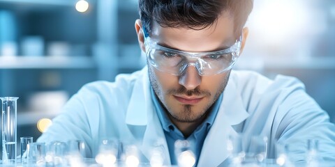 A focused scientist in a laboratory, wearing goggles and a lab coat, analyzing samples with various glassware. Concept Scientist in Laboratory, Analyzing Samples, Glassware Experiments