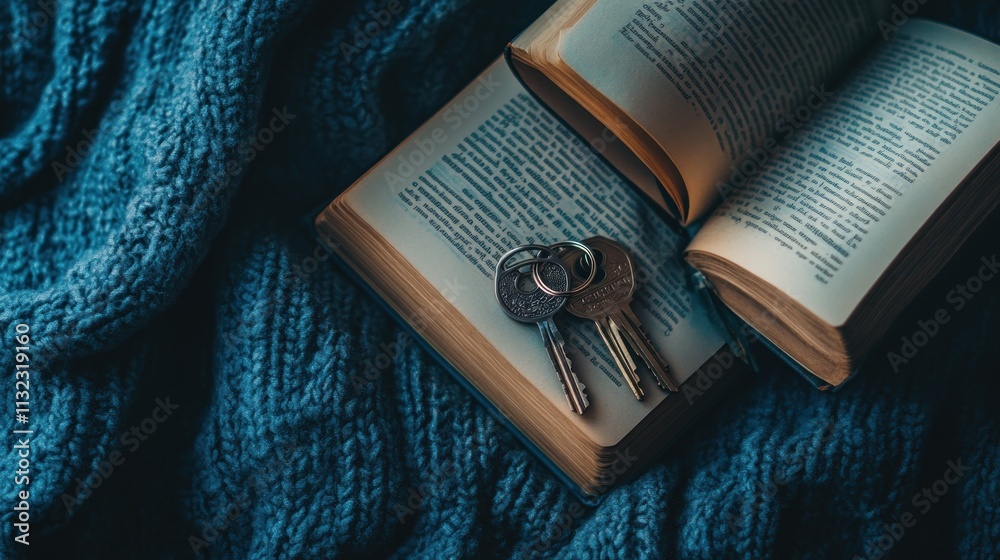 Poster Open Book Keys Resting on Soft Blue Fabric