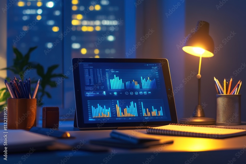 Aufkleber Night office scene with tablet displaying data graphs.