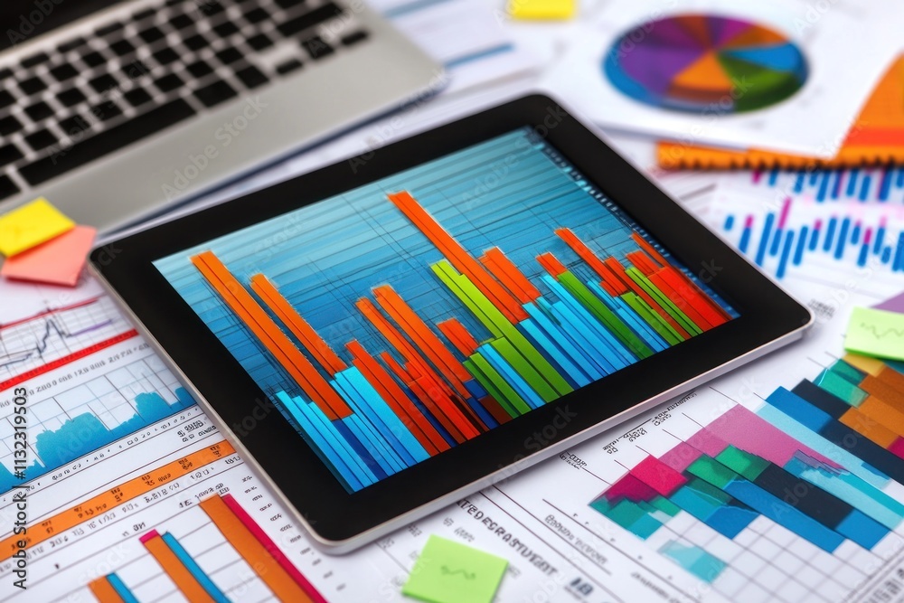Leinwandbilder tablet displaying colorful bar graph charts surrounded by financial documents and laptop.