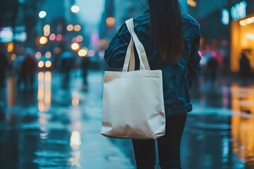 Woman Holds Canvas Tote Bag Mockup While Walking in the Park for Stylish and Eco-Friendly Branding