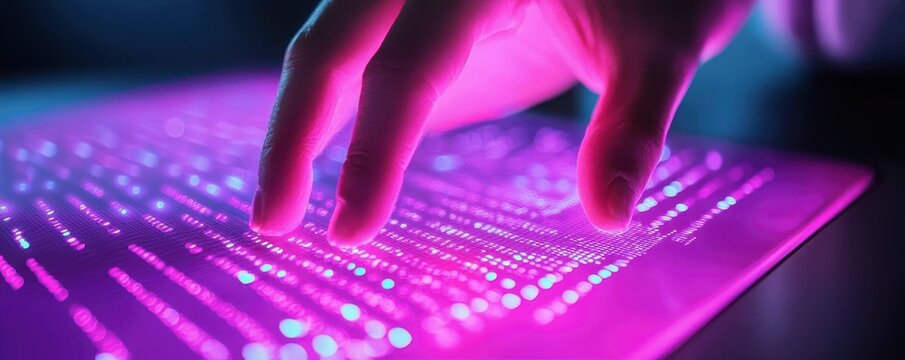 A hand interacts with a glowing, digital interface, showcasing vibrant purple light and data patterns.