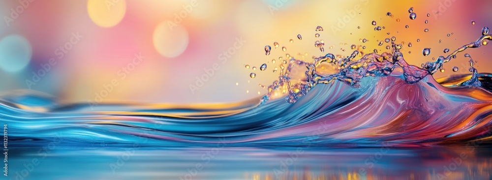 Poster Vibrant colorful wave splash with bokeh background.