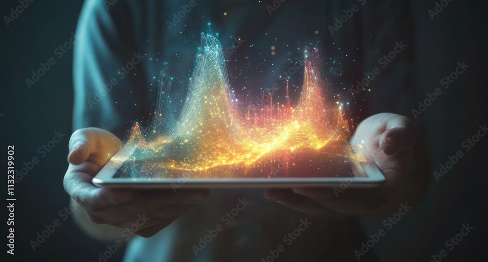 Aufkleber Person holding tablet displaying vibrant data visualization.