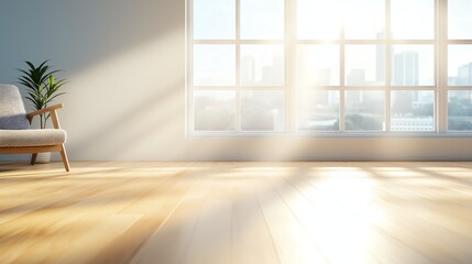 Fototapeta premium Sunlight filters through large windows onto a cozy interior space with a wooden floor, creating a warm and inviting atmosphere perfect for relaxation and reflection.