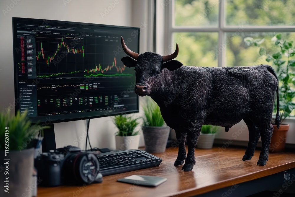 Poster bull statue on desk with stock market chart on computer monitor.