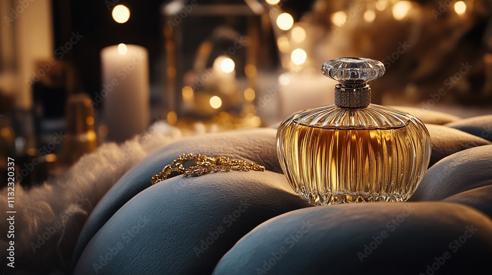 Poster elegant perfume bottle on a plush surface with soft lighting and candles.