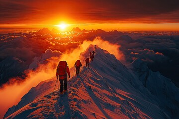 Vibrant Sunset with Silhouetted Hikers on a Mountain Trail