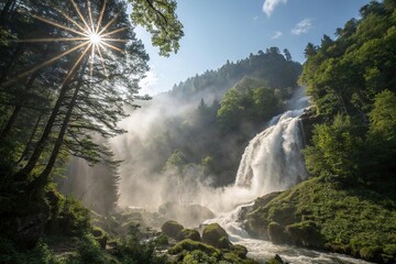 Obraz premium Radiant sunlight filters through the dense canopy above, illuminating the misty veil of water as it flows down a rocky slope, slope, mist