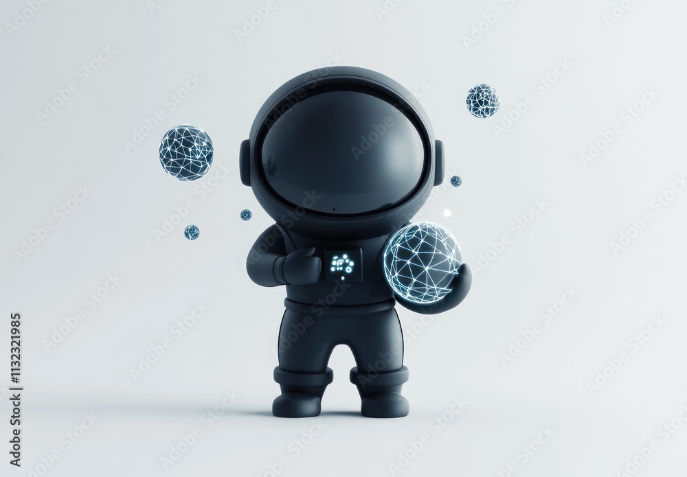 Poster 3d render of a black astronaut holding a glowing sphere, representing connection and exploration.