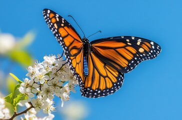 Fototapeta premium Vibrant Monarch Butterfly Perched on Delicate White Blossoms Against a Clear Blue Sky, Showcasing Stunning Orange and Black Wings in Nature's Splendor