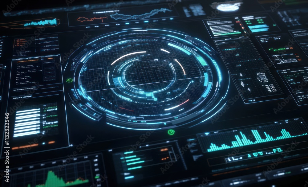 Poster Futuristic digital interface with glowing circular HUD and data graphs.