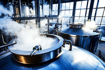 Close up of brewing steam process from stainless steel kettle generated.AI