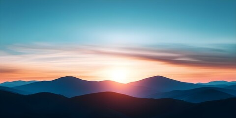 Obraz premium A serene landscape of rolling hills and mountains against a colorful sunrise sky, blending warm and cool tones. Concept Serene Landscape Photography, Rolling Hills, Mountain Views