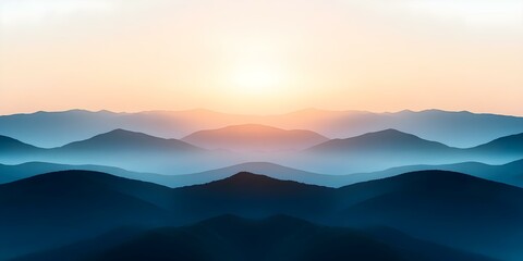 Fototapeta premium A serene landscape featuring layered mountains silhouetted against a sunrise or sunset, with soft gradients of blue and orange. Concept Serene Landscapes, Layered Mountains, Sunrise Silhouettes