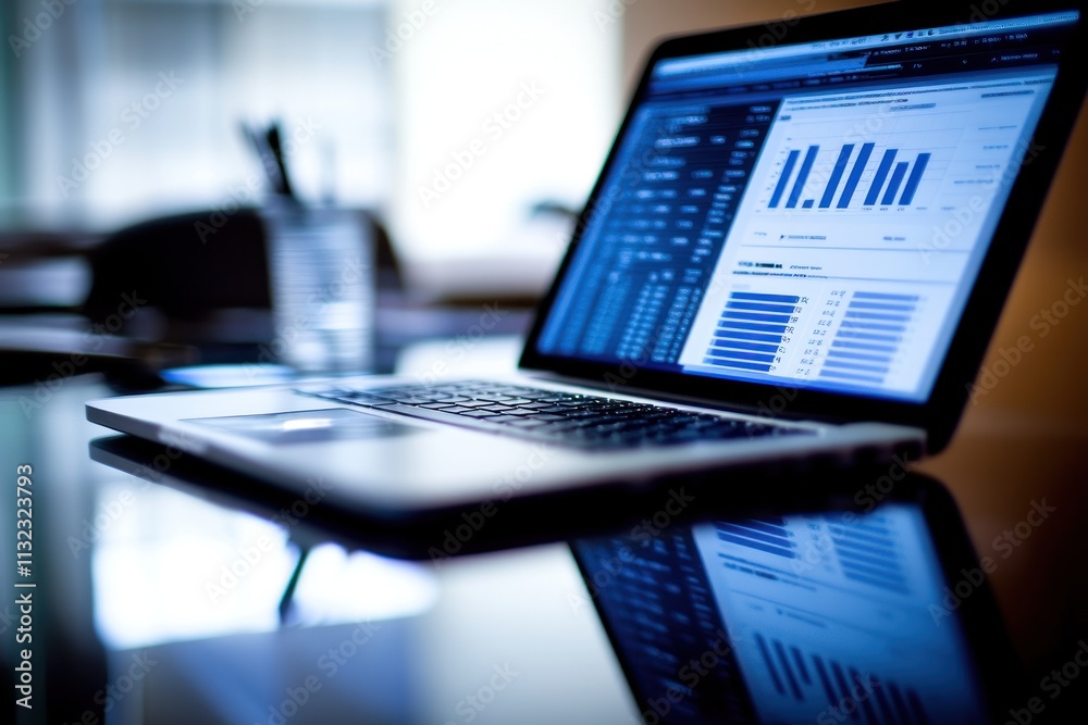 Poster Laptop displaying financial charts and graphs on a reflective surface.